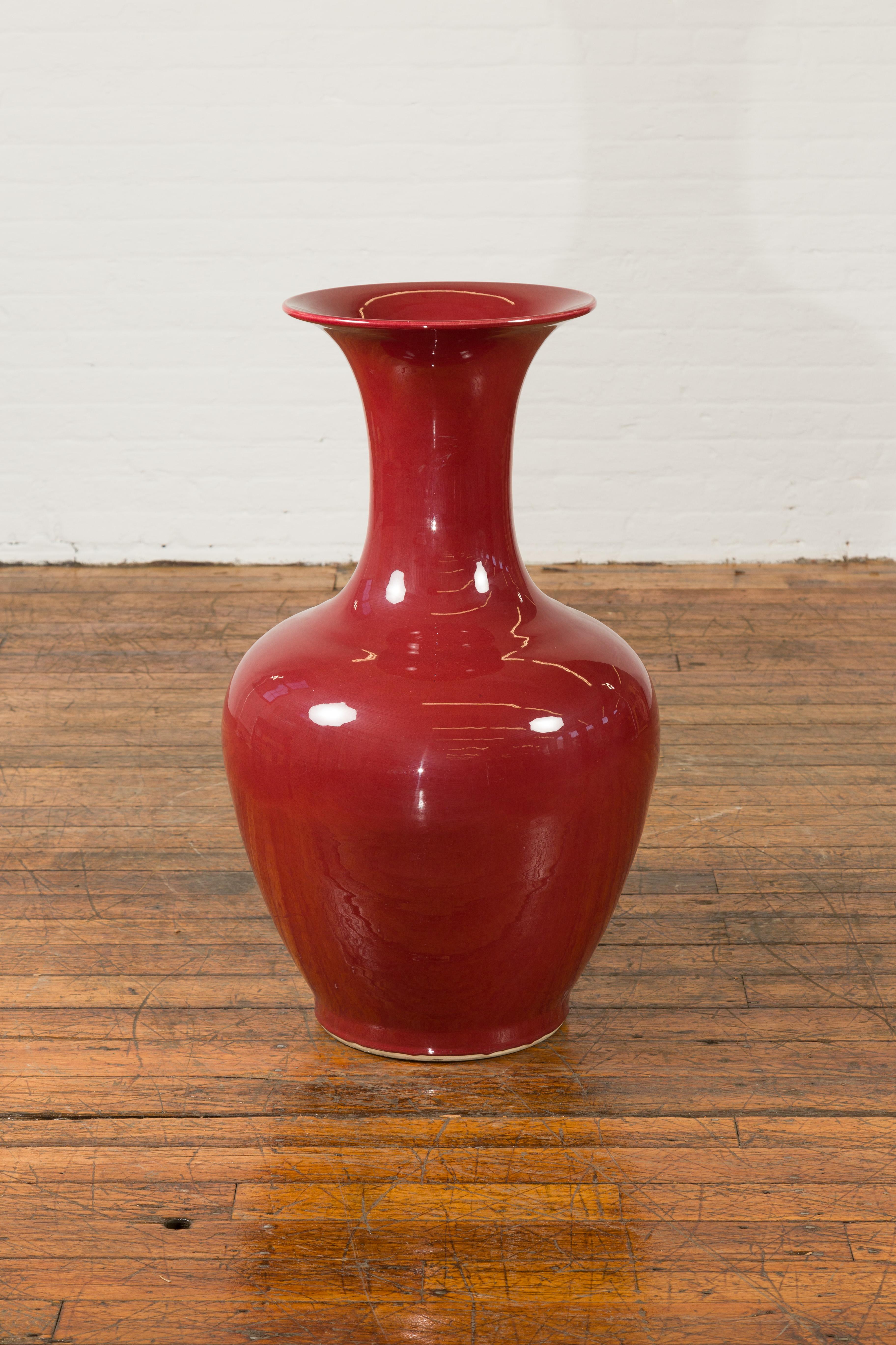 Large Oxblood Glazed Ceramic Altar Vase with Flaring Neck, Vintage For Sale 1