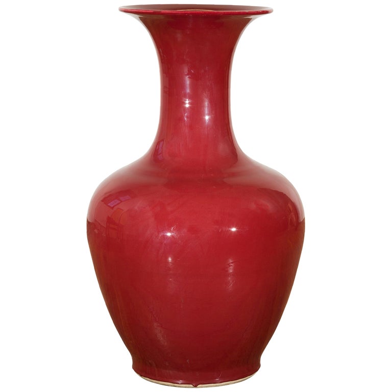 Large Chinese Vintage Oxblood Altar Vase with Flaring Neck, Two Available For Sale