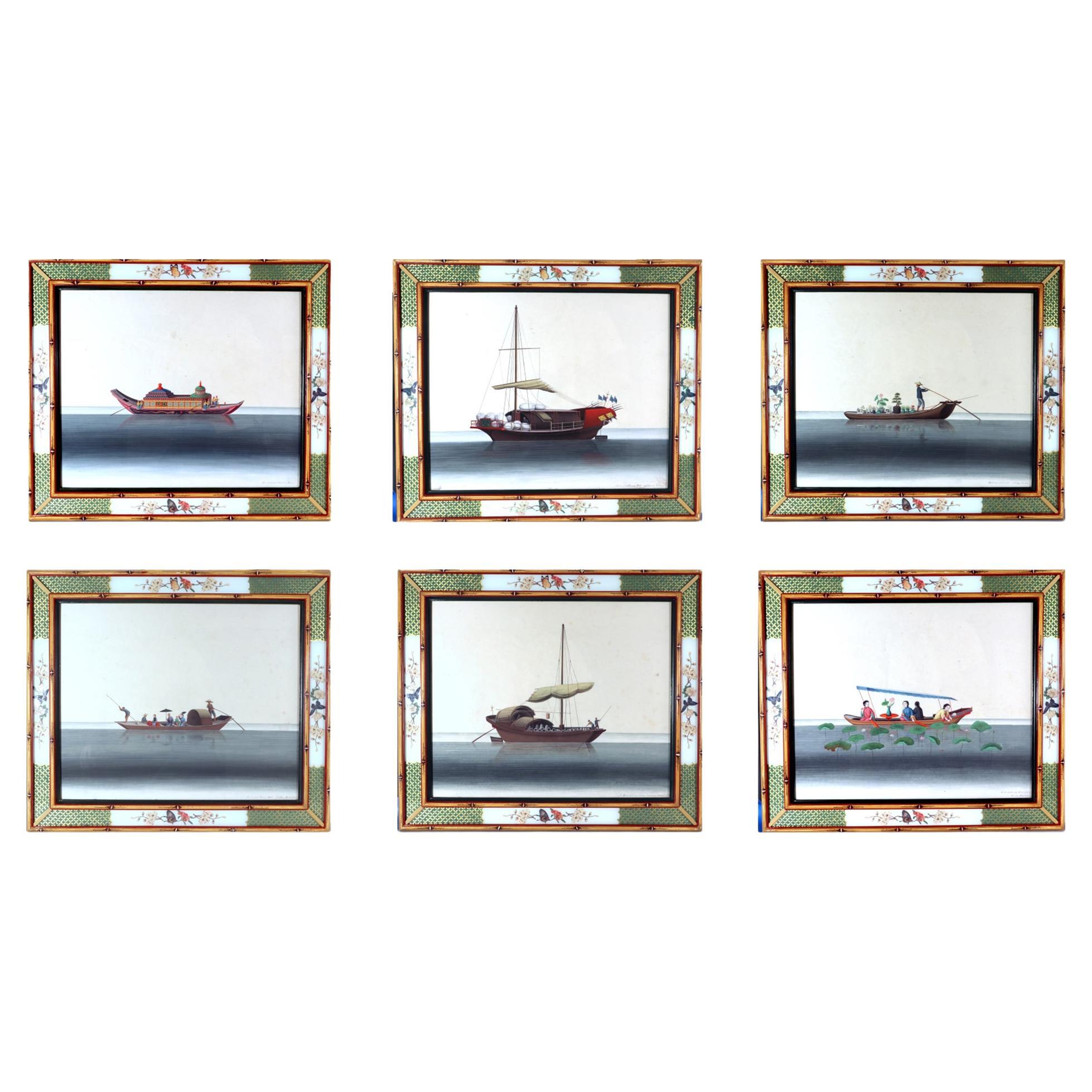 Large Chinese Watercolors on European Paper of Junks and Sampans
