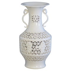 Large Chinese white Blanc-de-Chine Vase Porcelain reticulated, mid century