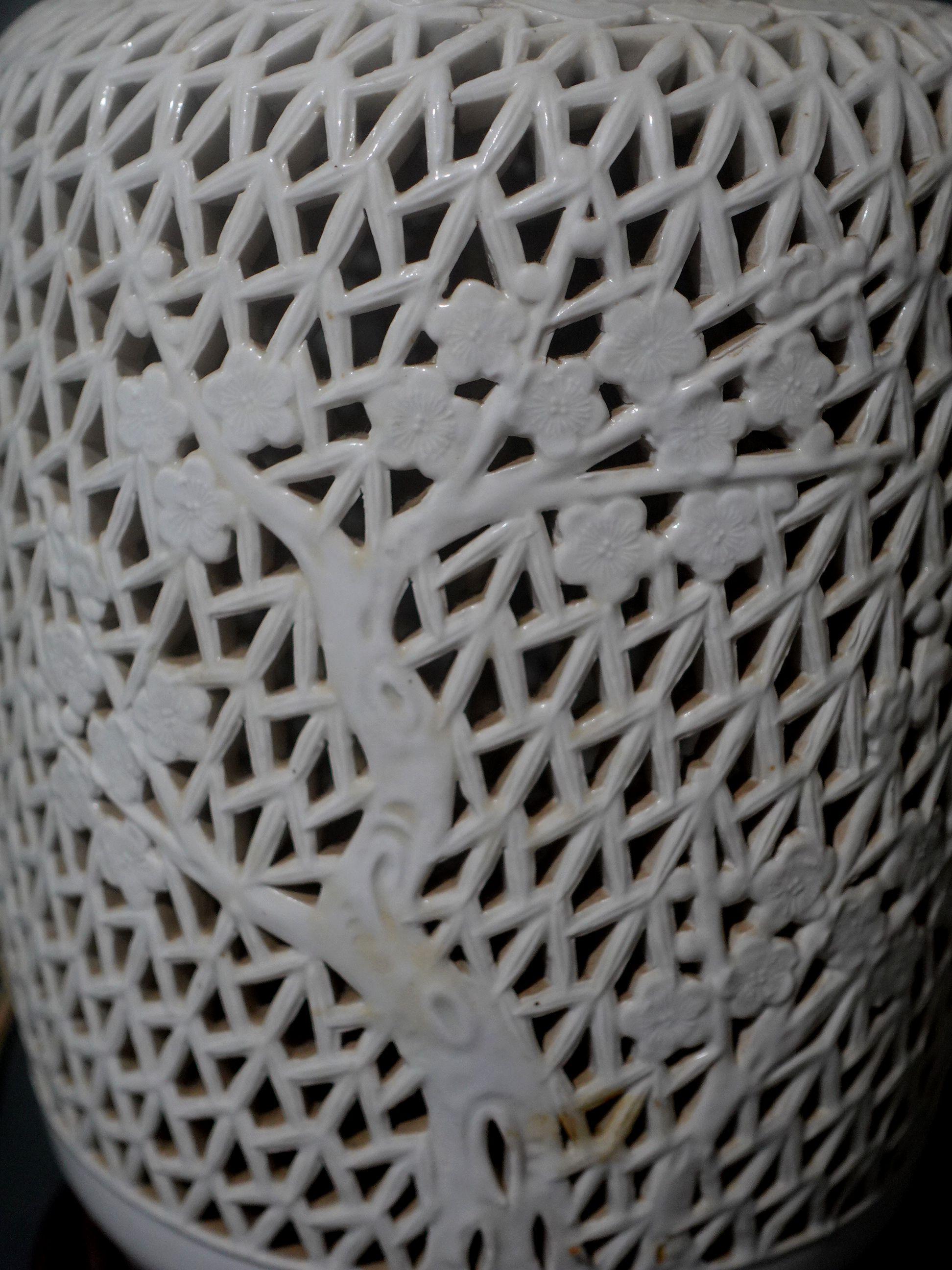 Brass Large Chinese White Porcelain Reticulated Lamp, 1940 For Sale