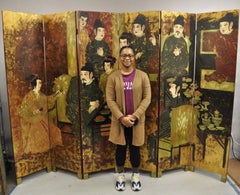 Large Chinoiserie Chinese 6 Panel Figural Red Folding Screen Room Divider