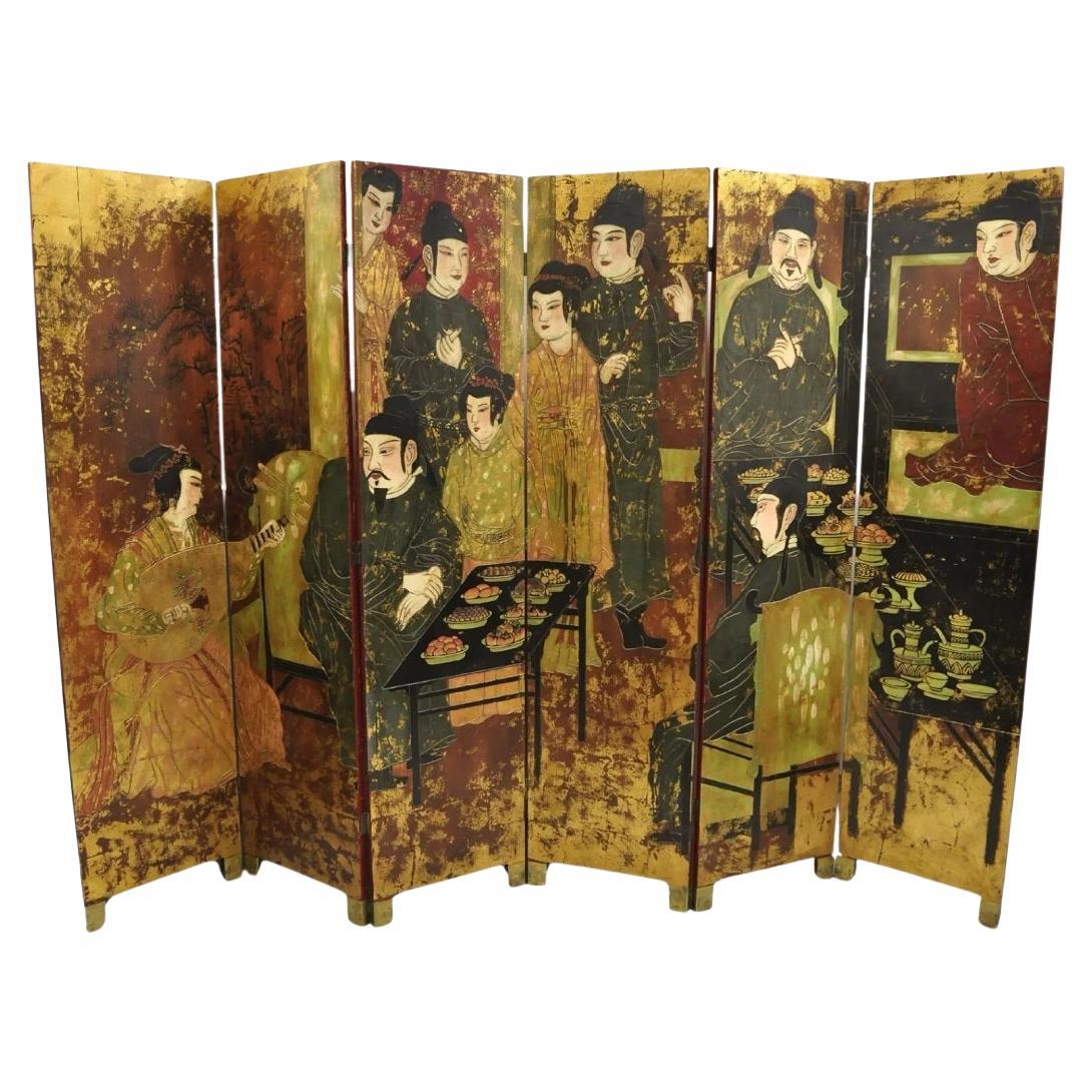 Large Chinoiserie Chinese 6 Panel Figural Red Folding Screen Room Divider
