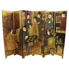 Large Chinoiserie Chinese 6 Panel Figural Red Folding Screen Room Divider