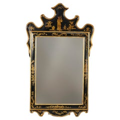 Large Chinoiserie Ebonized & Gilt Decorated Wall Mirror, Circa 1950