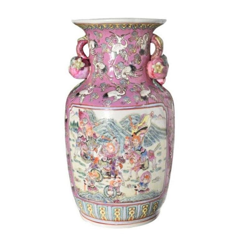Large Chinoiserie Famille Rose Pink Vase with Floral and Bird Motif For Sale 5