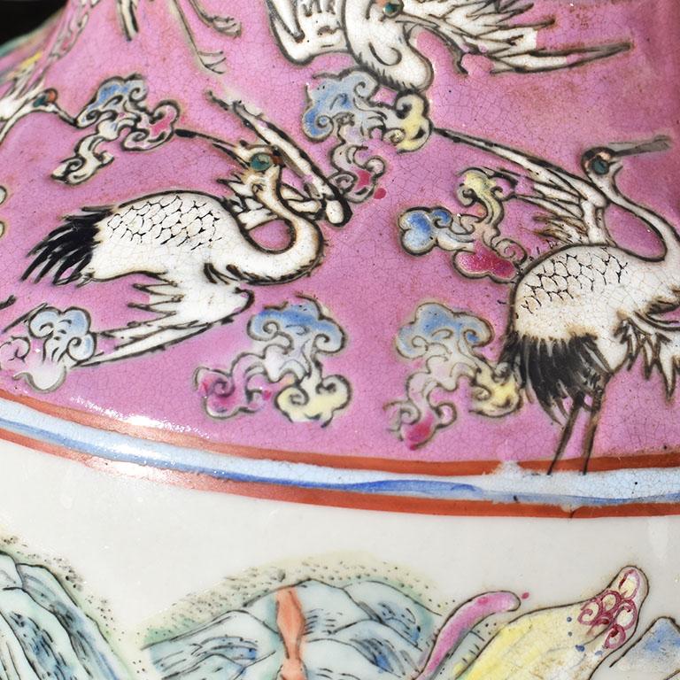 Hong Kong Large Chinoiserie Famille Rose Pink Vase with Floral and Bird Motif For Sale