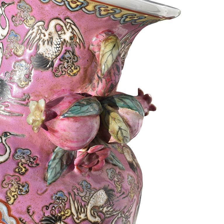 Large Chinoiserie Famille Rose Pink Vase with Floral and Bird Motif In Good Condition For Sale In Oklahoma City, OK