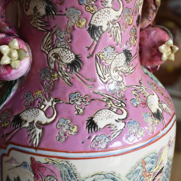 Large Chinoiserie Famille Rose Pink Vase with Floral and Bird Motif For Sale 3