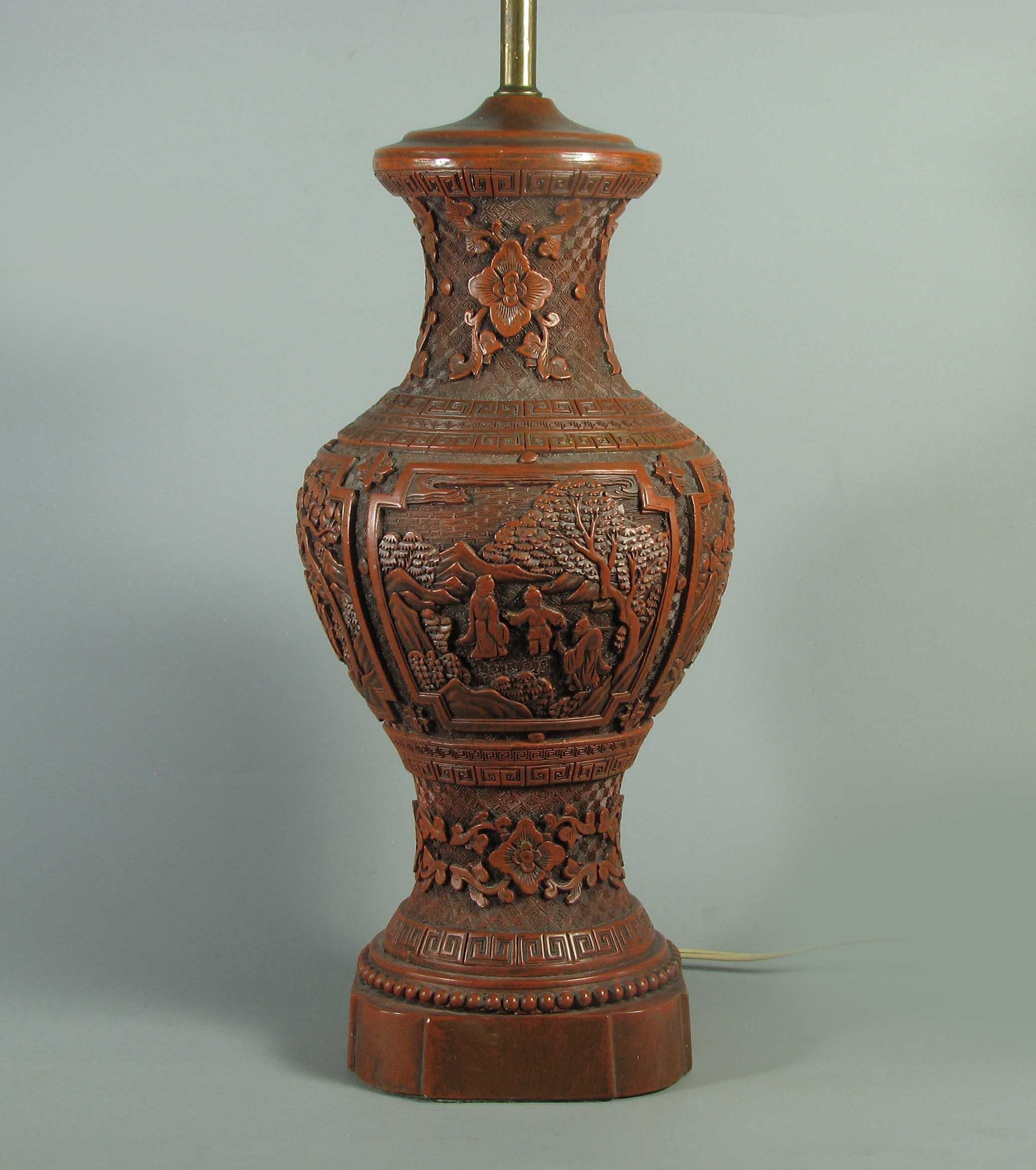 Hand-Crafted Large Chinoiserie Faux Cinnabar Lacquer Vase Lamp For Sale