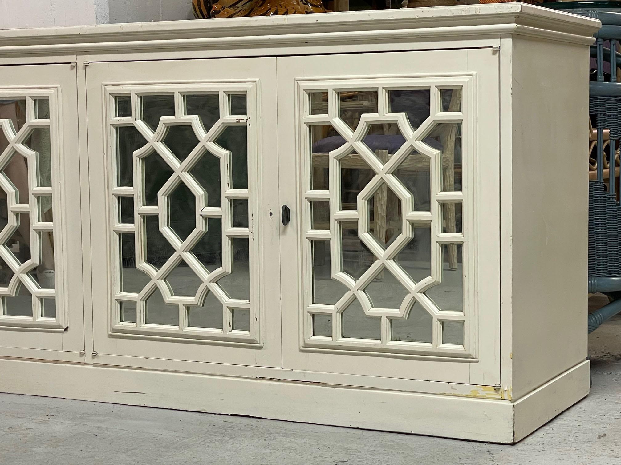 Hollywood Regency Large Chinoiserie Fretwork Mirrored Credenza