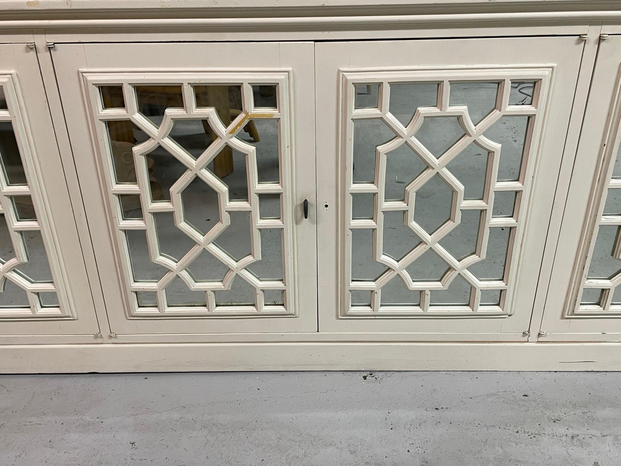 Large Chinoiserie Fretwork Mirrored Credenza In Fair Condition In Jacksonville, FL