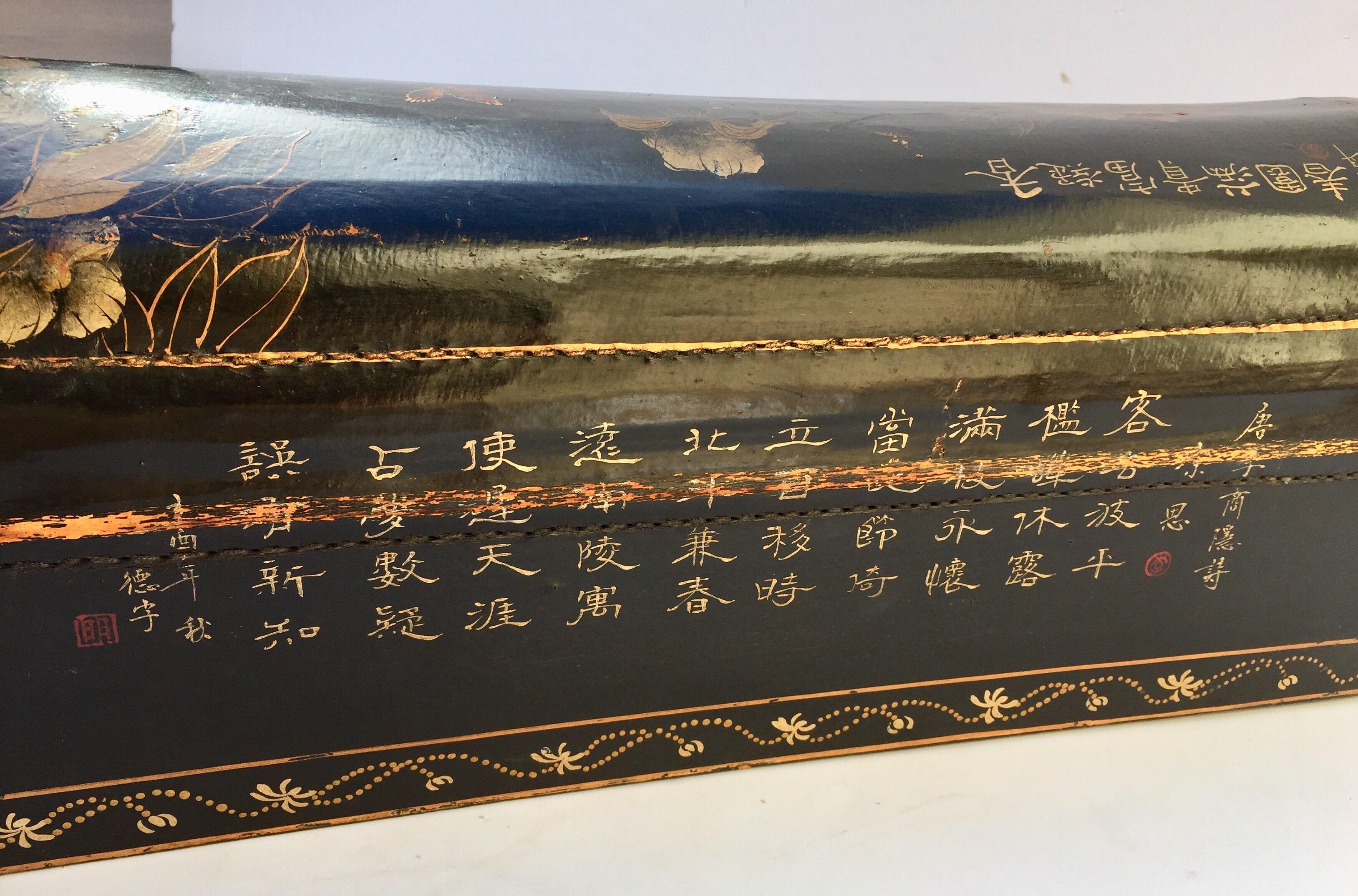 Large Chinoiserie Leather in Black and Gilt Hand Painted Domed Box 4