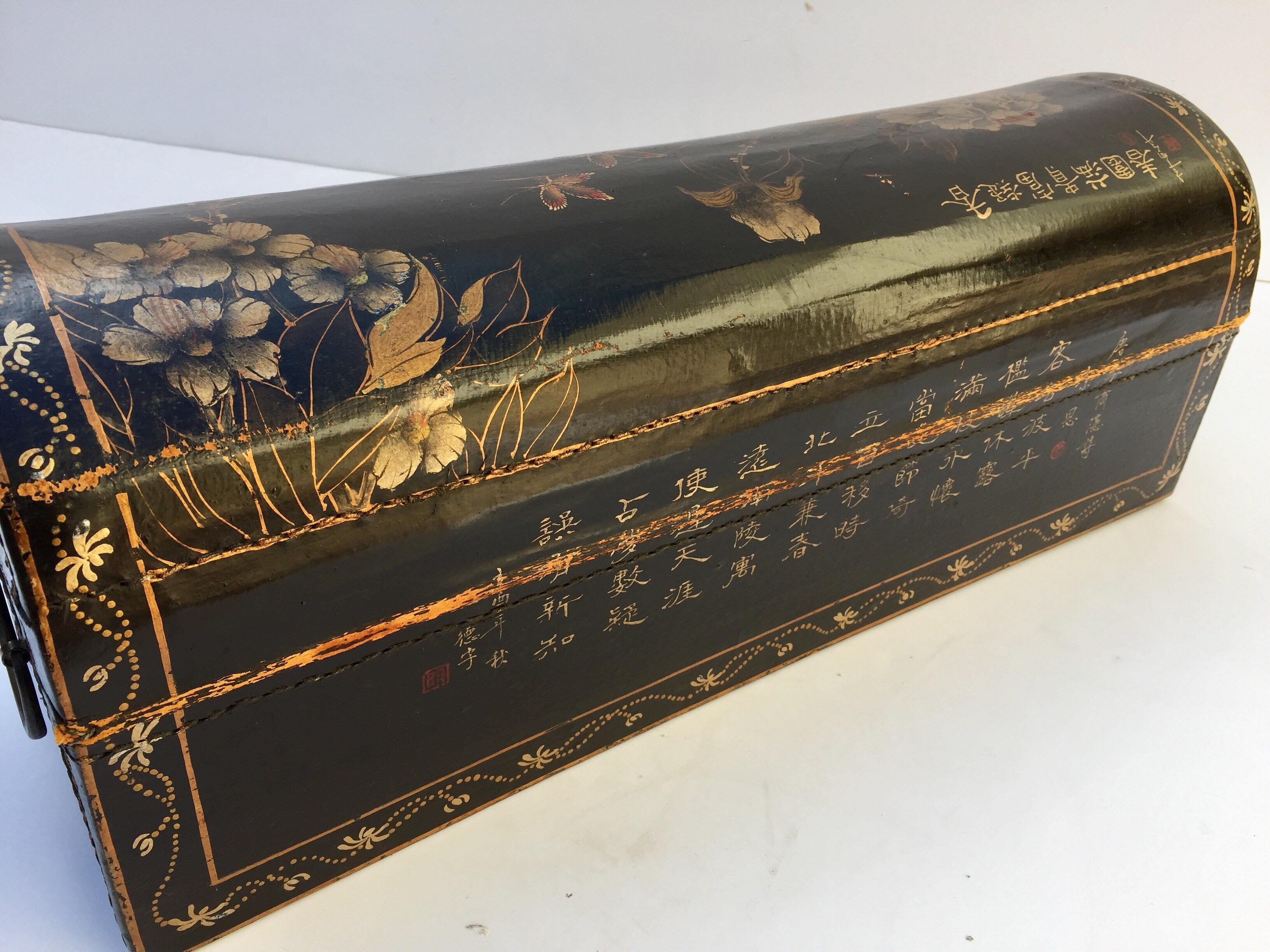 Large Chinoiserie Leather in Black and Gilt Hand Painted Domed Box 5