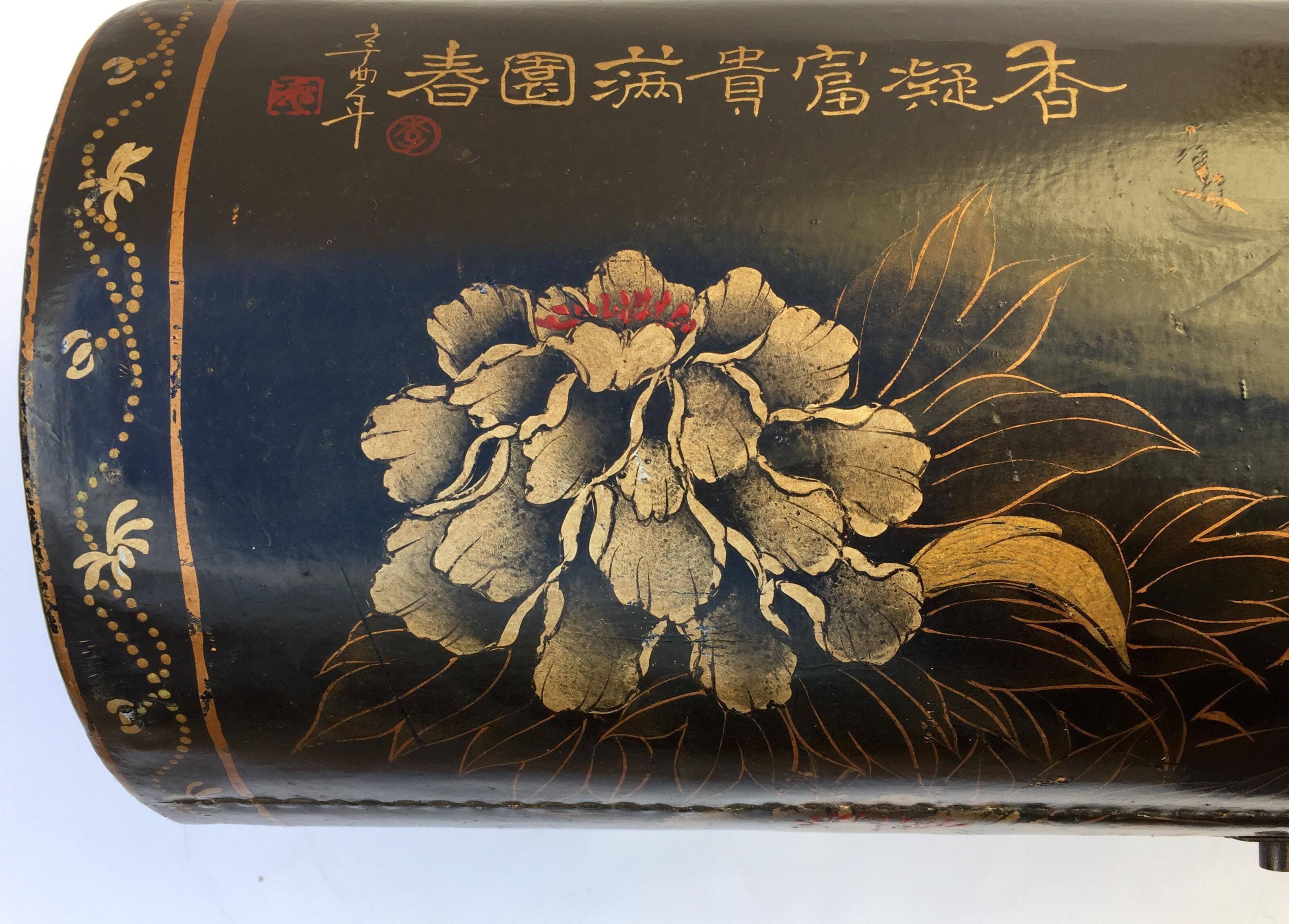 Large Chinoiserie Leather in Black and Gilt Hand Painted Domed Box 6