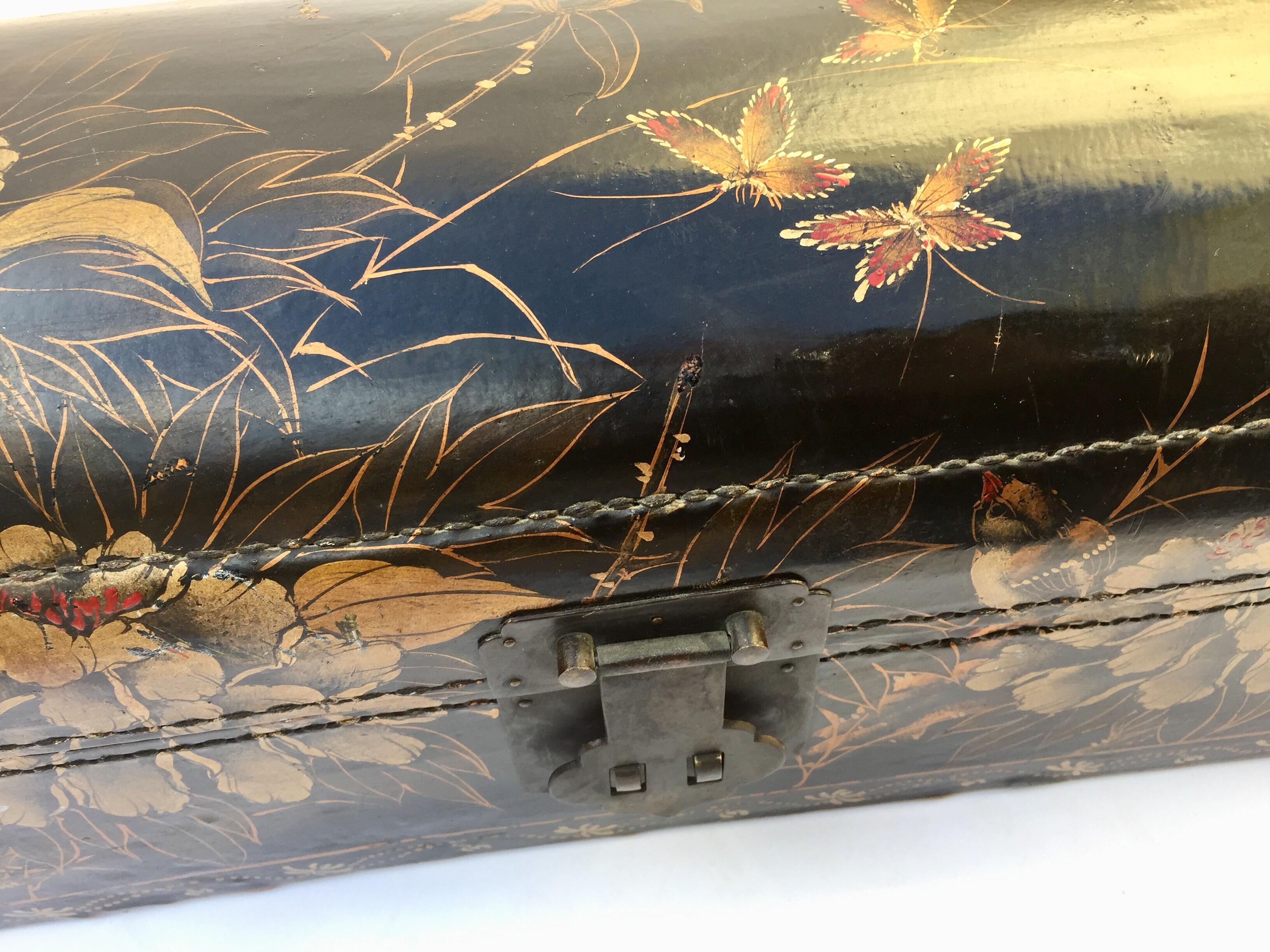 Large Chinoiserie Leather in Black and Gilt Hand Painted Domed Box 7