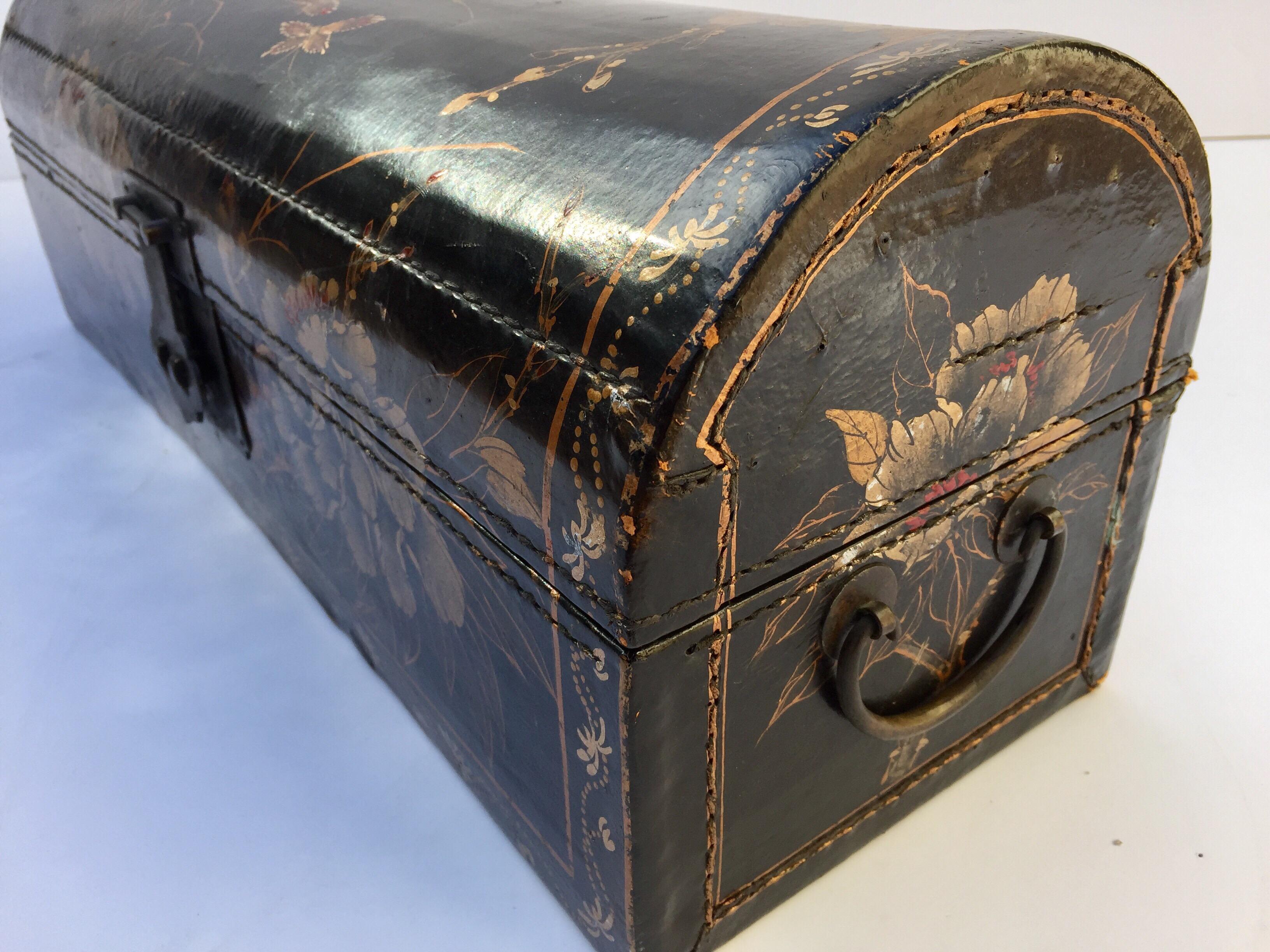 Large Chinoiserie Leather in Black and Gilt Hand Painted Domed Box 8