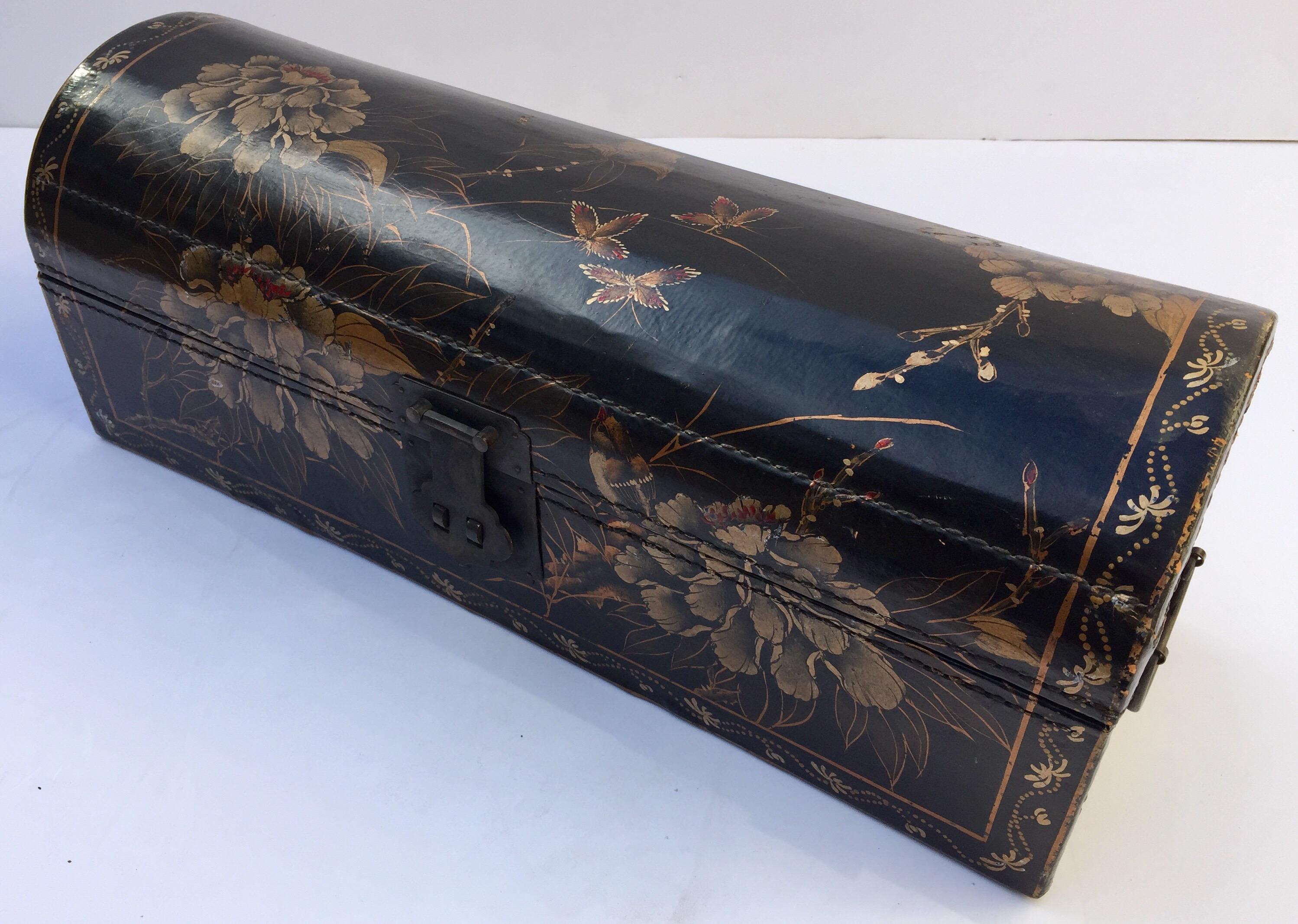 Large Chinoiserie Leather in Black and Gilt Hand Painted Domed Box 9
