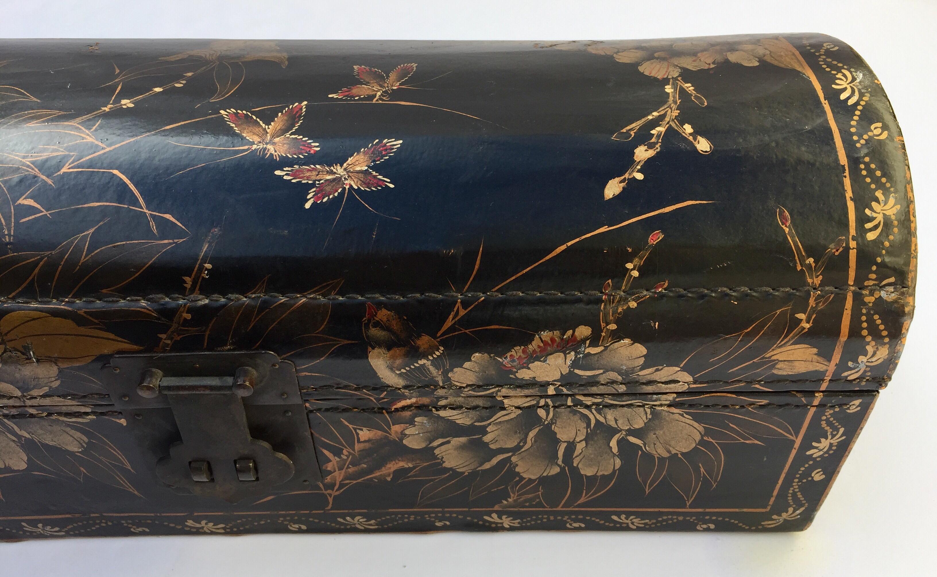Large Chinoiserie Leather in Black and Gilt Hand Painted Domed Box 10
