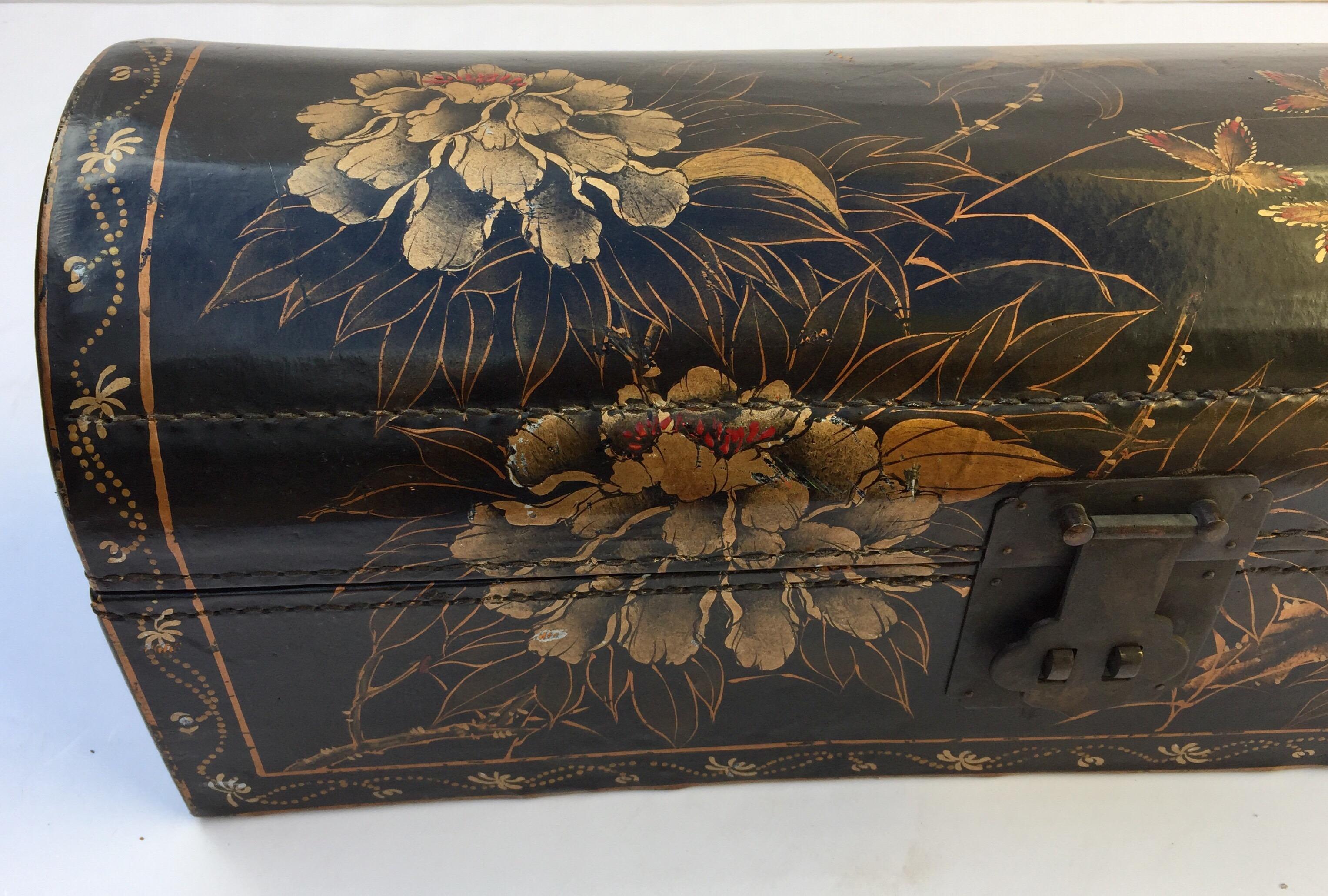 Large Chinoiserie Leather in Black and Gilt Hand Painted Domed Box 11