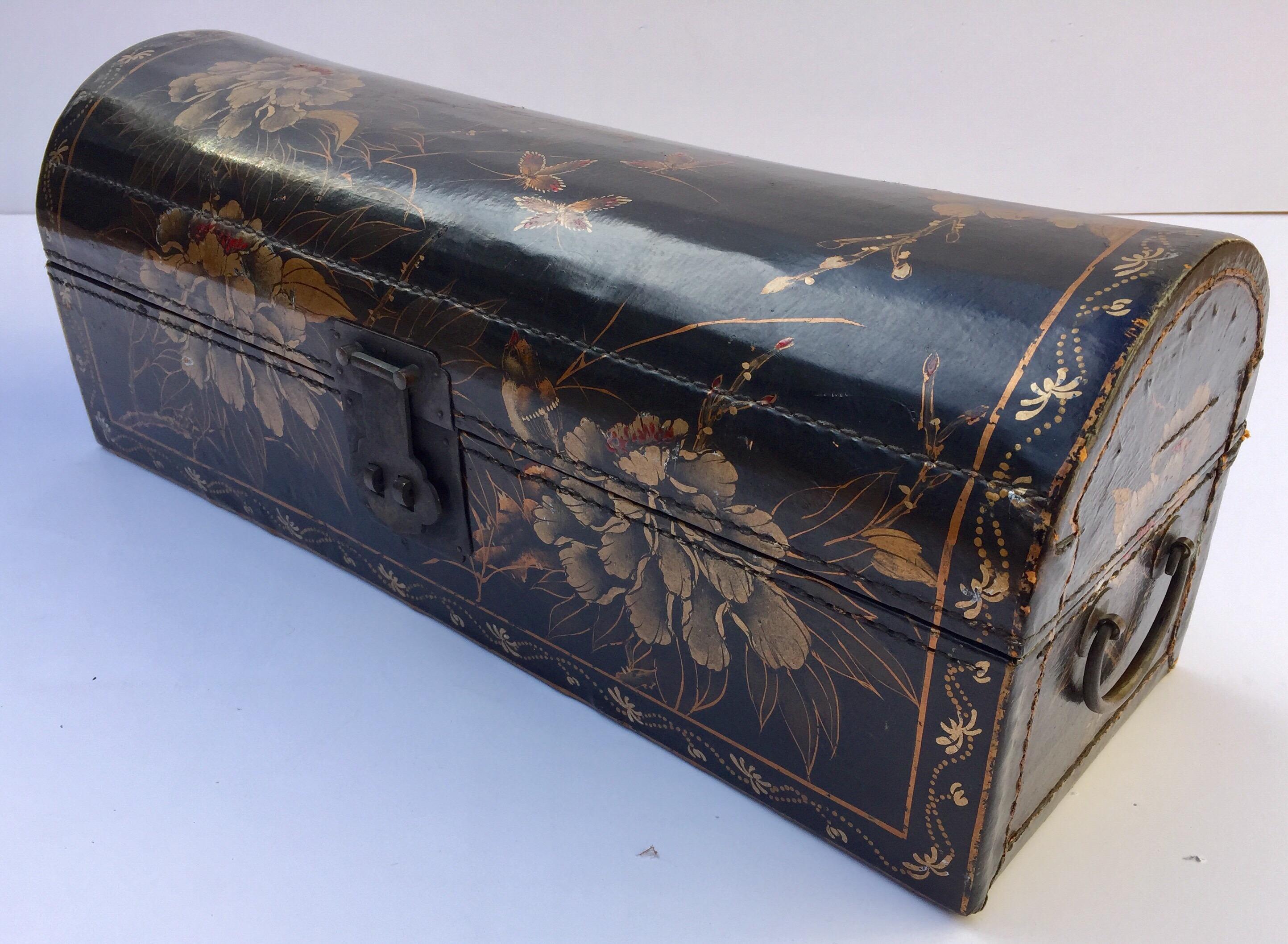 Chinese Large Chinoiserie Leather in Black and Gilt Hand Painted Domed Box