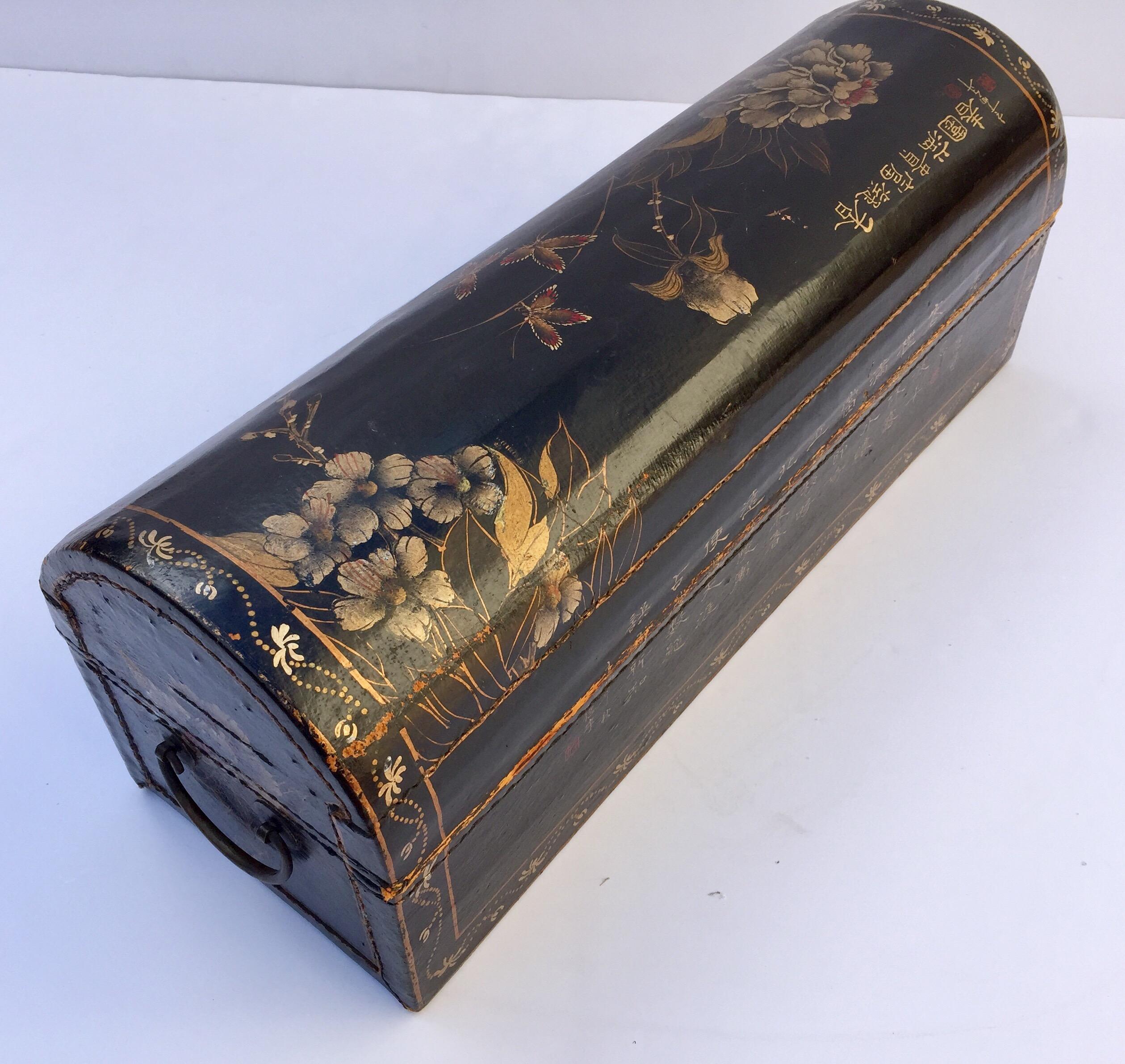 Hand-Painted Large Chinoiserie Leather in Black and Gilt Hand Painted Domed Box