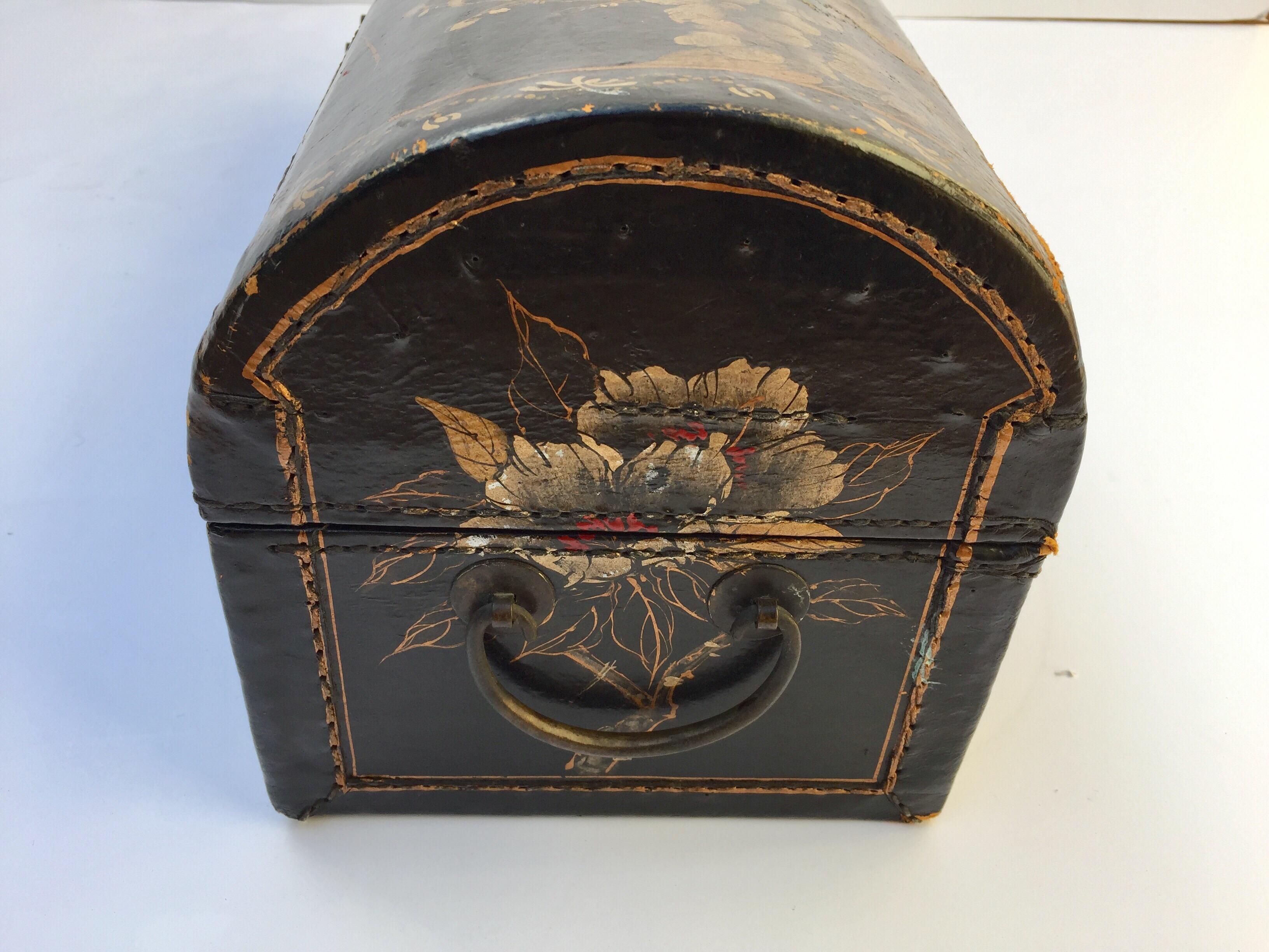 20th Century Large Chinoiserie Leather in Black and Gilt Hand Painted Domed Box