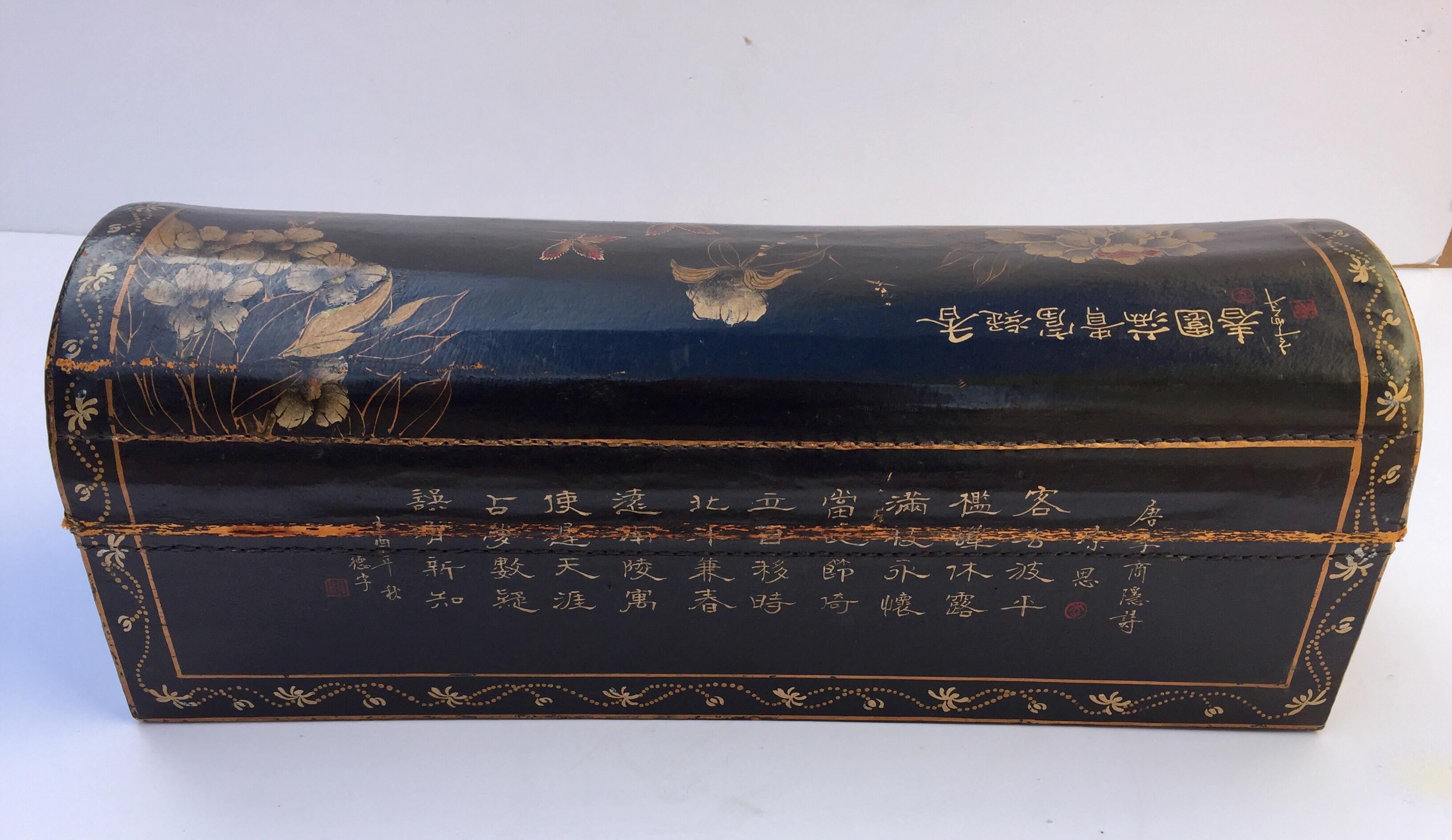 Large Chinoiserie Leather in Black and Gilt Hand Painted Domed Box 2
