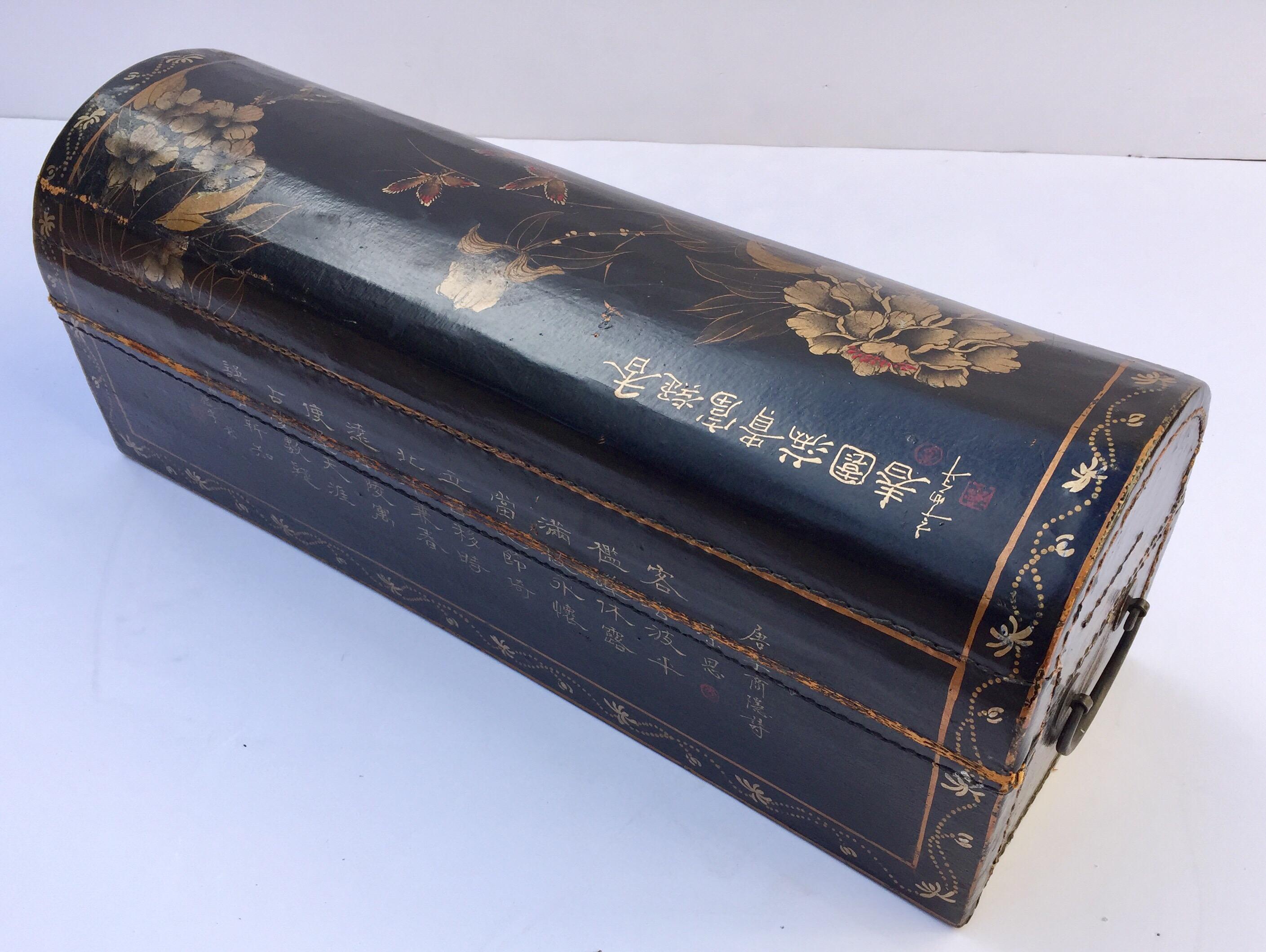 Large Chinoiserie Leather in Black and Gilt Hand Painted Domed Box 3