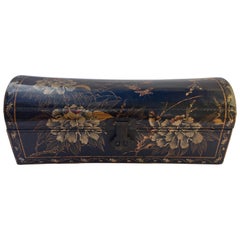 Large Chinoiserie Leather in Black and Gilt Hand Painted Domed Box