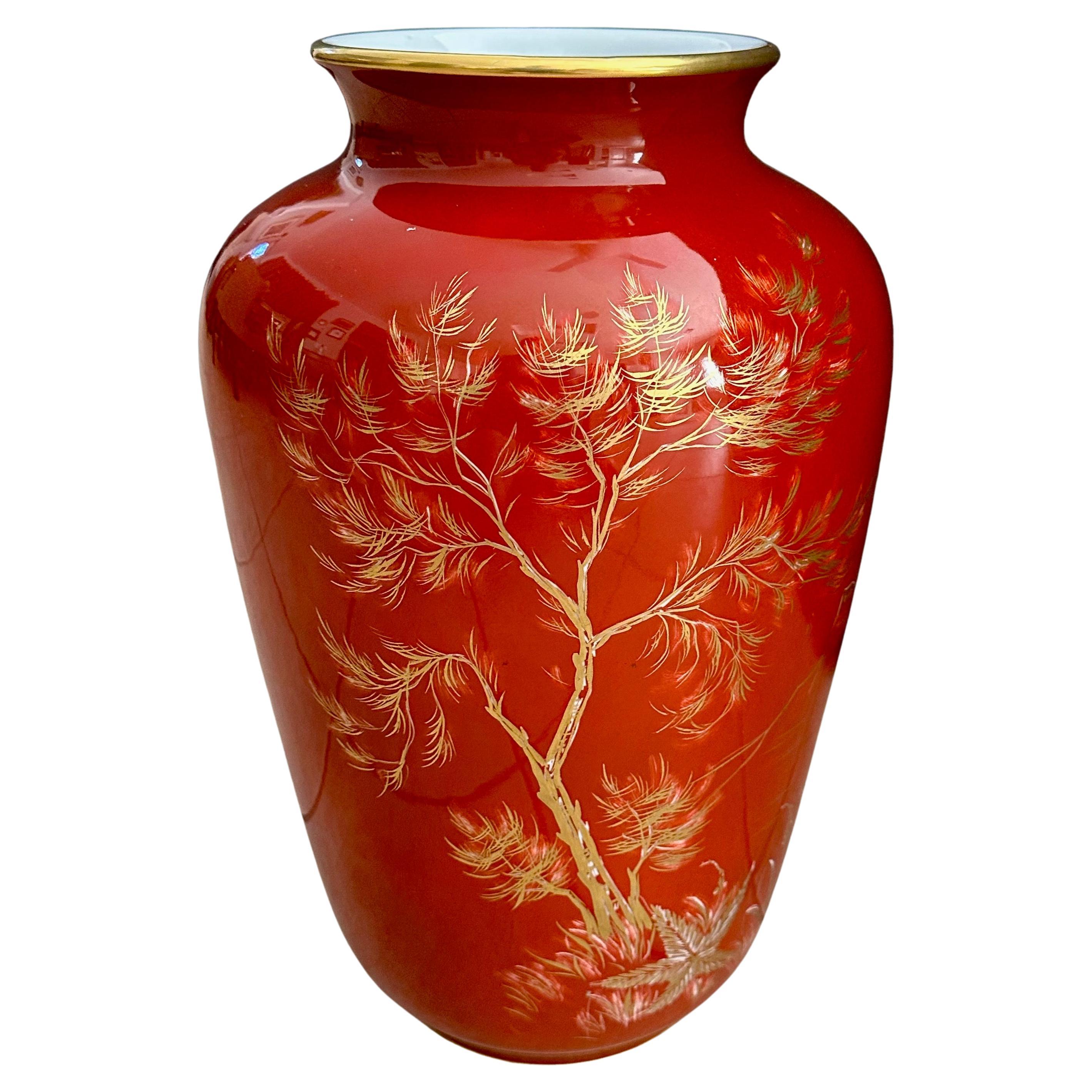 Large Chinoiserie Orange Red Porcelain Hutschenreuther Sleb Vase in vendita