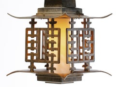 Large Chinoiserie Pagoda Mid Century Brass Lantern Light Fixture c. 1950