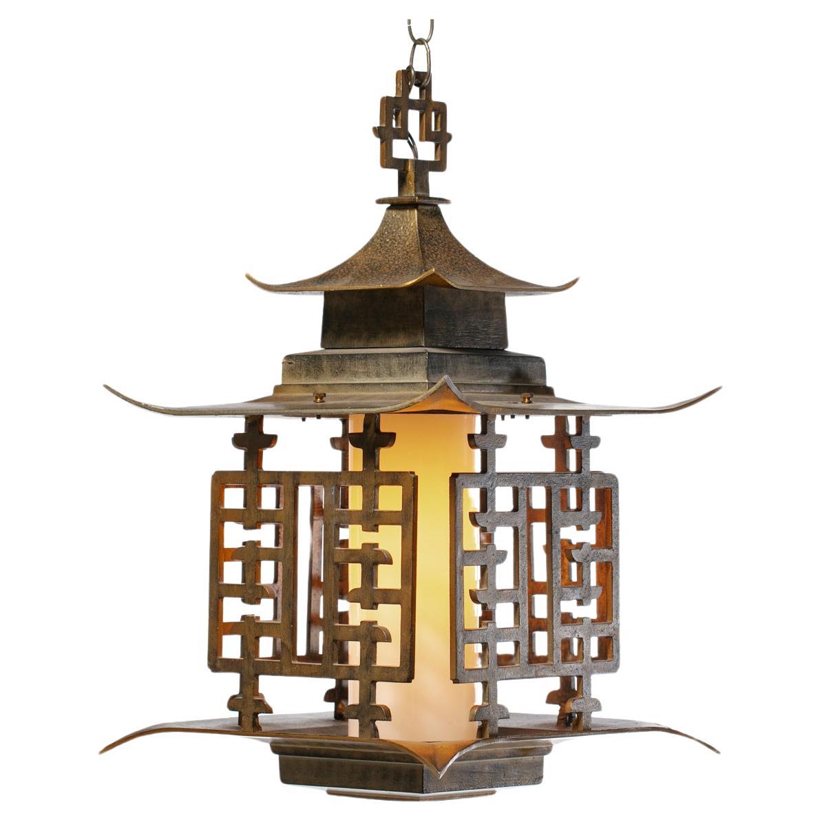 Large Chinoiserie Pagoda Mid Century Brass Lantern Light Fixture c. 1950 For Sale