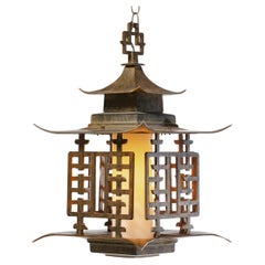 Large Chinoiserie Pagoda Mid Century Brass Lantern Light Fixture c. 1950