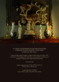 Large Chinoiserie Plaster Sculpture Chinese Figure under a Pine Tree