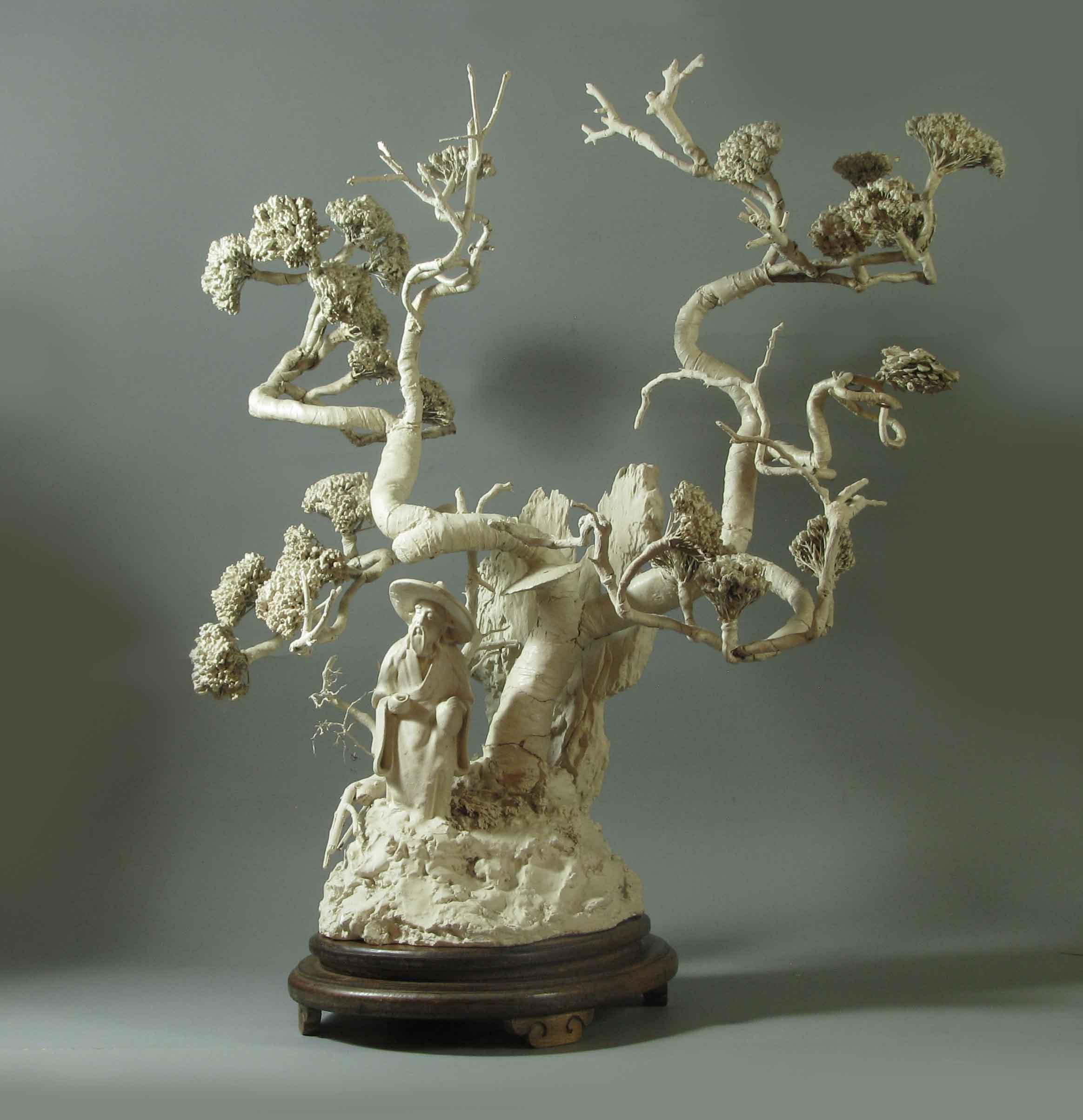 Chinese Export Large Chinoiserie Plaster Sculpture Chinese Figure under a Pine Tree For Sale