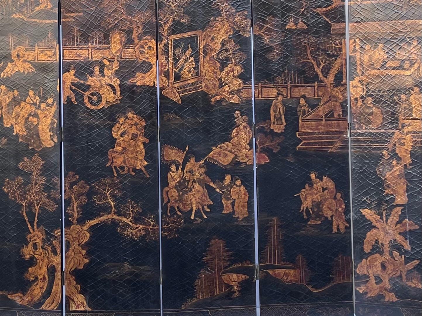 Large Chinoiserie Six Panel Black Lacquer and Gilt Screen by Maitland-Smith In Good Condition In Kennesaw, GA