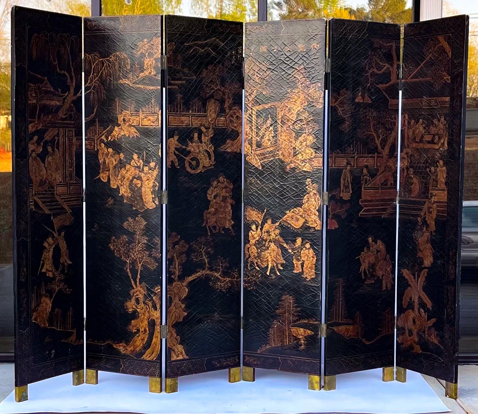 20th Century Large Chinoiserie Six Panel Black Lacquer and Gilt Screen by Maitland-Smith