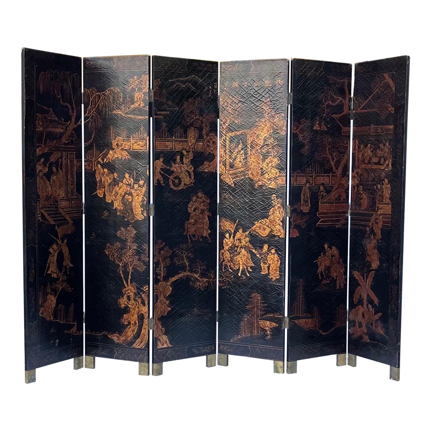 Large Chinoiserie Six Panel Black Lacquer and Gilt Screen by Maitland-Smith