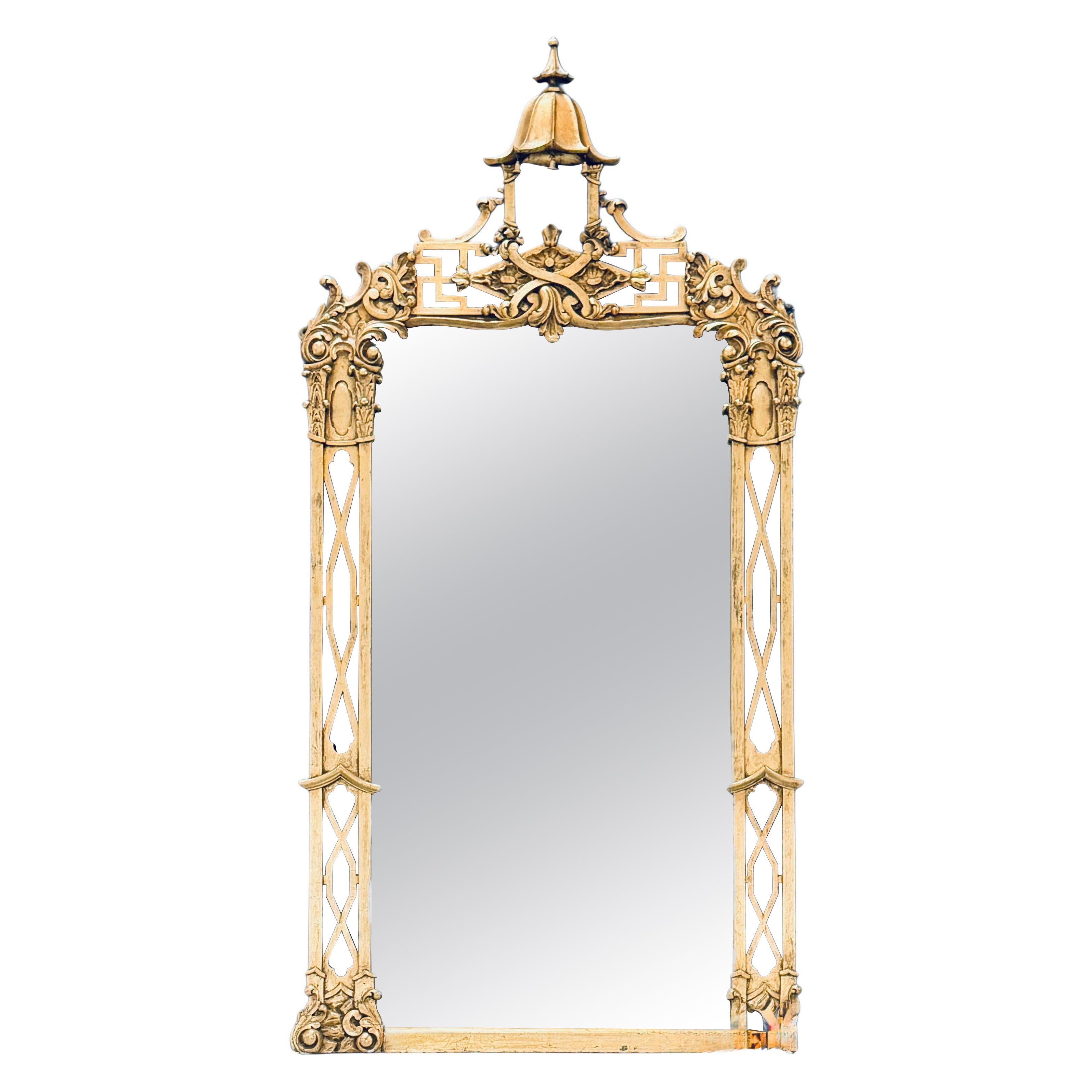 Large Chinoiserie Style Giltwood Pagoda Crest Mirror For Sale