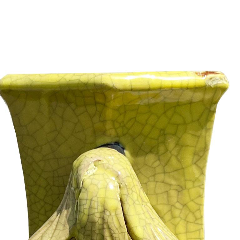 Large Chinoiserie Vintage Yellow Ceramic Fig and Floral Motif Vase In Good Condition For Sale In Oklahoma City, OK