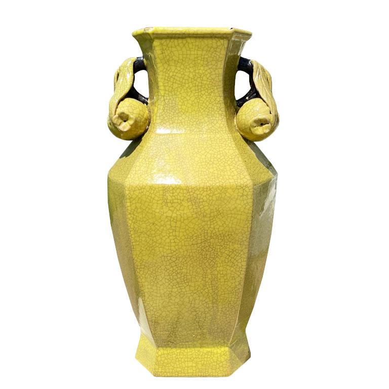 20th Century Large Chinoiserie Vintage Yellow Ceramic Fig and Floral Motif Vase For Sale