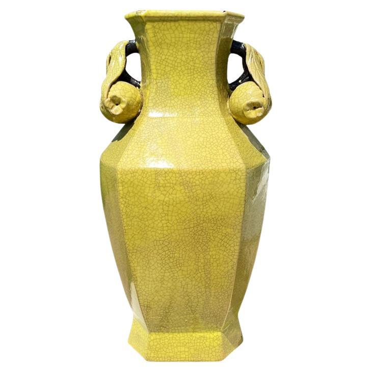 Large Chinoiserie Vintage Yellow Ceramic Fig and Floral Motif Vase For Sale