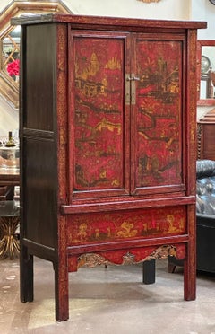 Large Chinoserie Red Lacquered Cabinet or Armoire with Gilt Accents