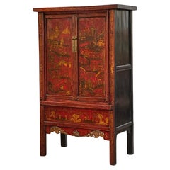 Large Chinoserie Red Lacquered Cabinet or Armoire with Gilt Accents