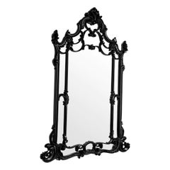 Large Chippendale Mirror, Carved Black Lacquered Wood, Bevelled Mirror.