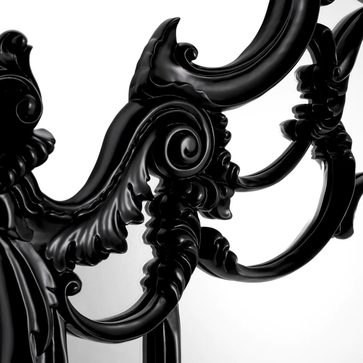 Napoleon III Large Chippendale Mirror, Carved Black Lacquered Wood, Bevelled Mirror. For Sale