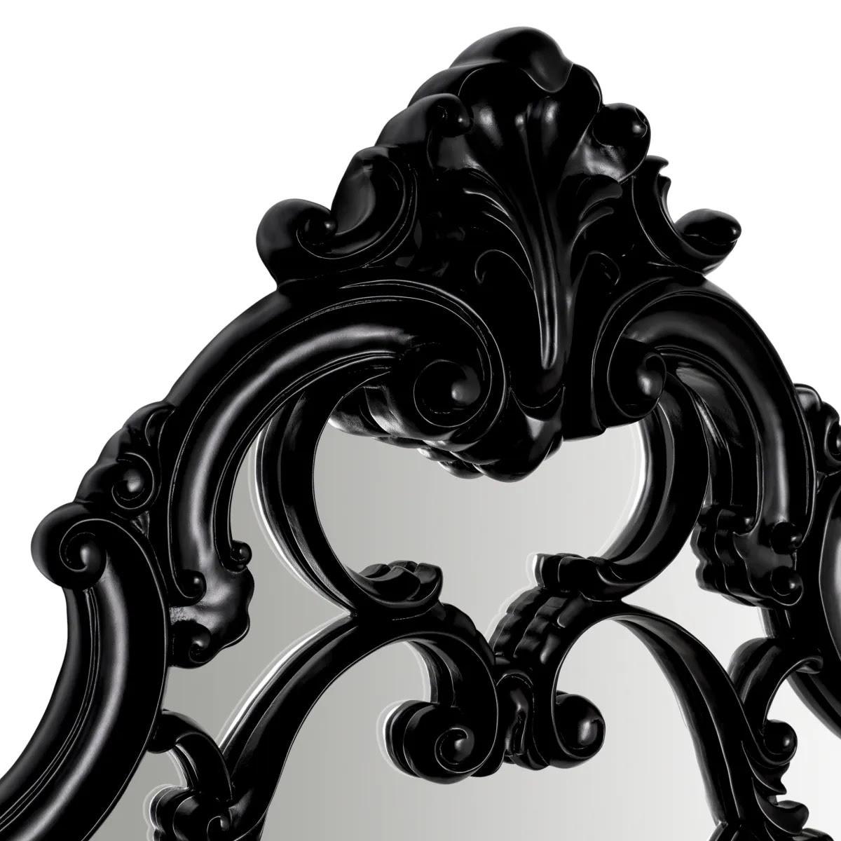 French Large Chippendale Mirror, Carved Black Lacquered Wood, Bevelled Mirror. For Sale