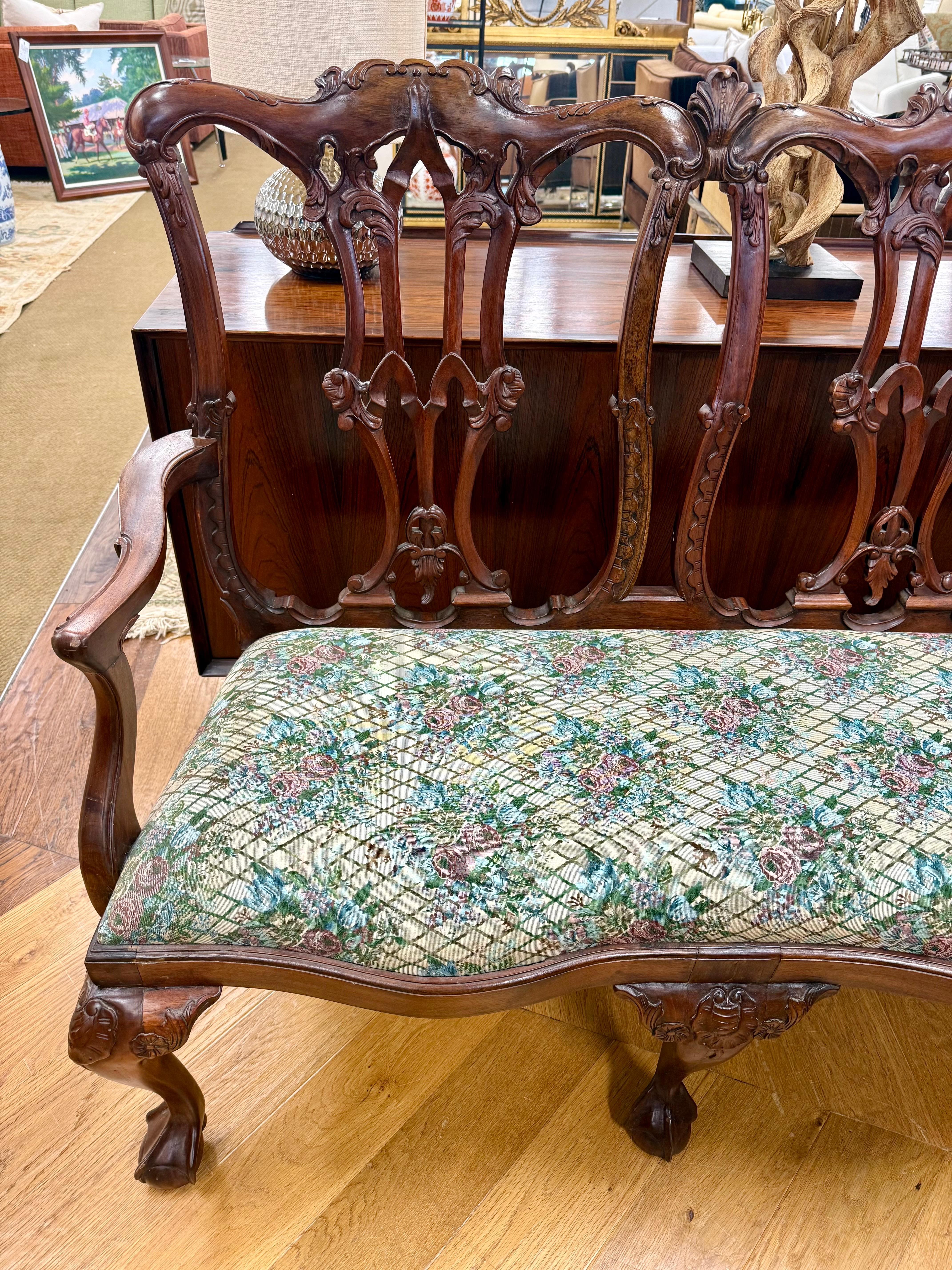 Large Chippendale Style Six Foot Hand Carved Mahogany Triple Back Settee For Sale 4