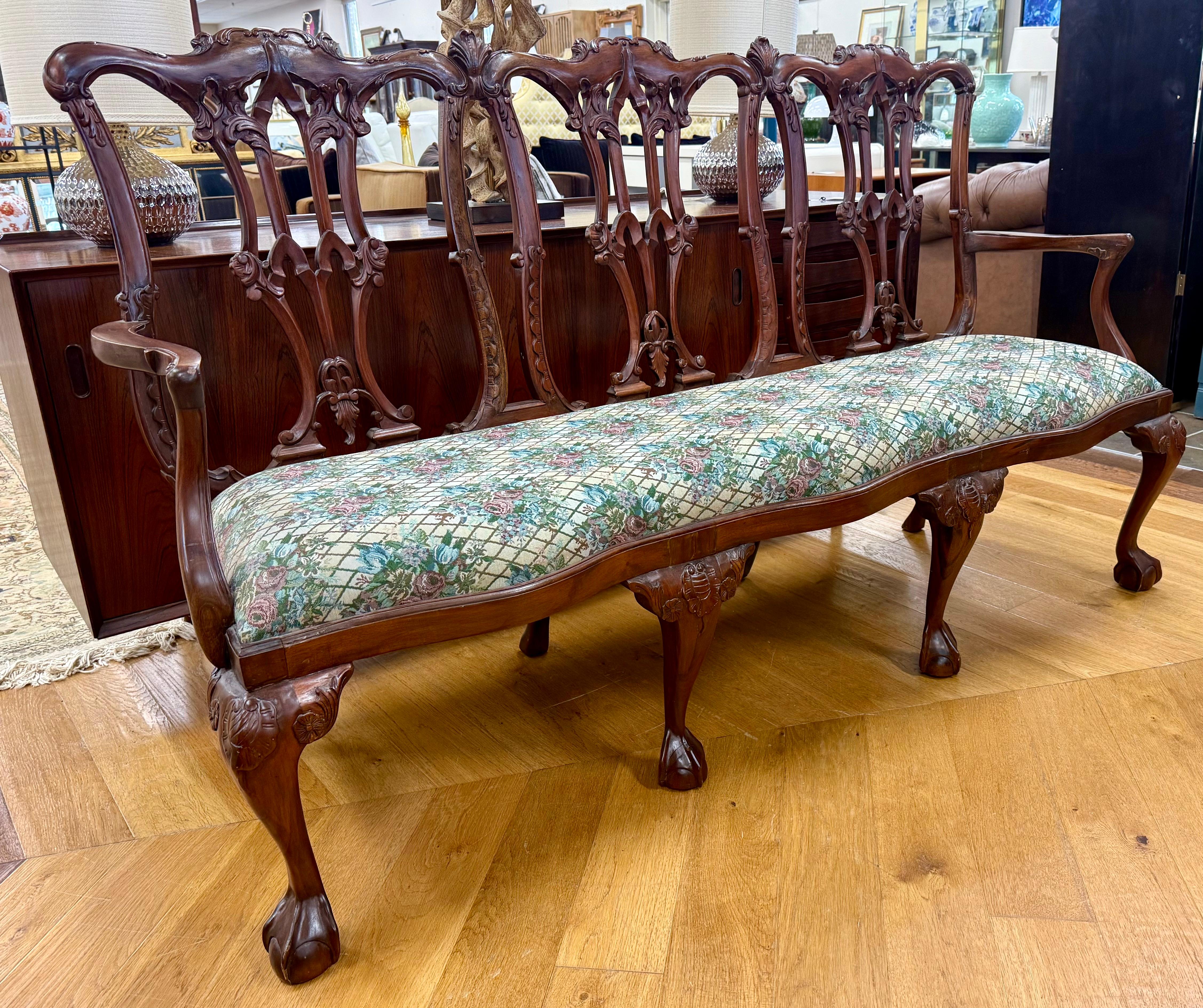 Large Chippendale Style Six Foot Hand Carved Mahogany Triple Back Settee For Sale 5